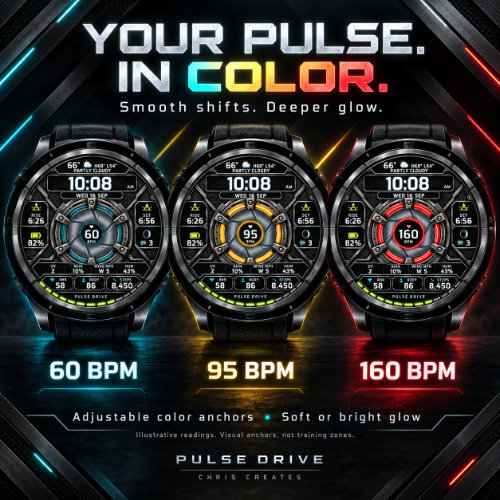Pulse Drive watch face, store cover image with sample data