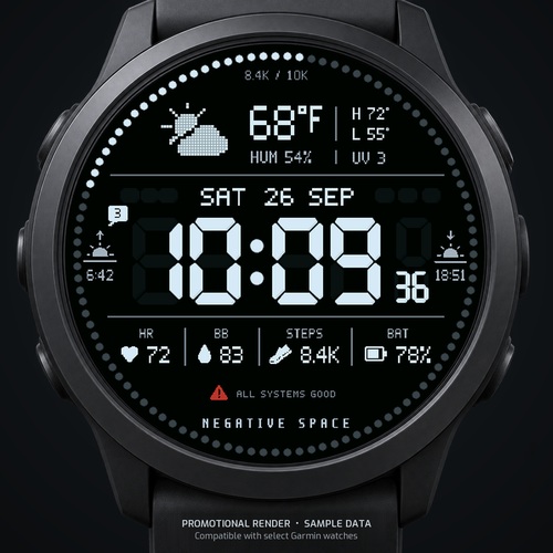 Negative Space watch face, store cover image with sample data