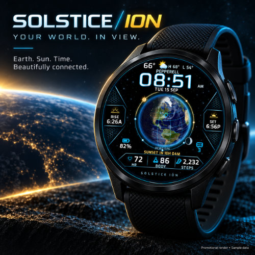 Solstice Ion watch face, store cover image with sample data