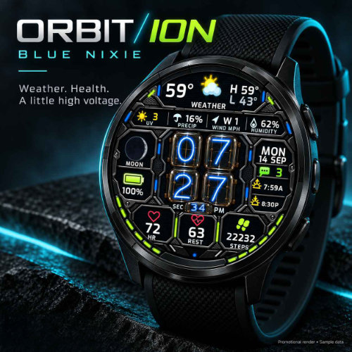 Orbit Ion watch face, store cover image with sample data