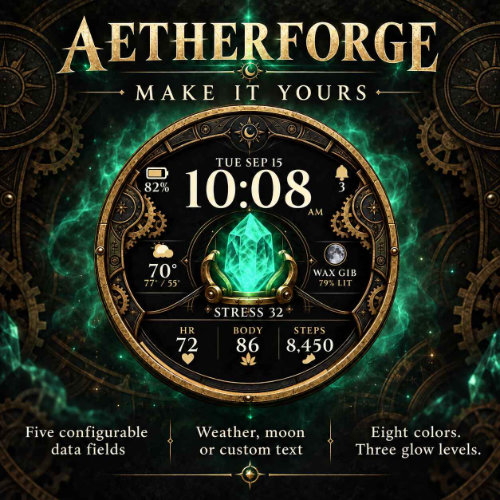 Aetherforge watch face, store cover image with sample data