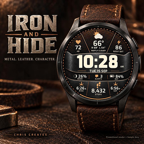 Iron & Hide watch face, store cover image with sample data