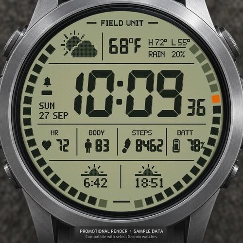 Field Unit watch face, store cover image with sample data