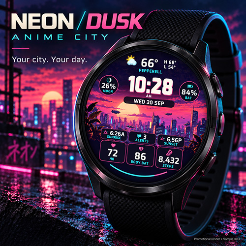 Neon Dusk watch face, store cover image with sample data