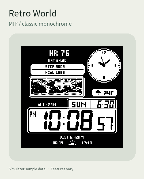 Retro World · Map Garmin watch face preview