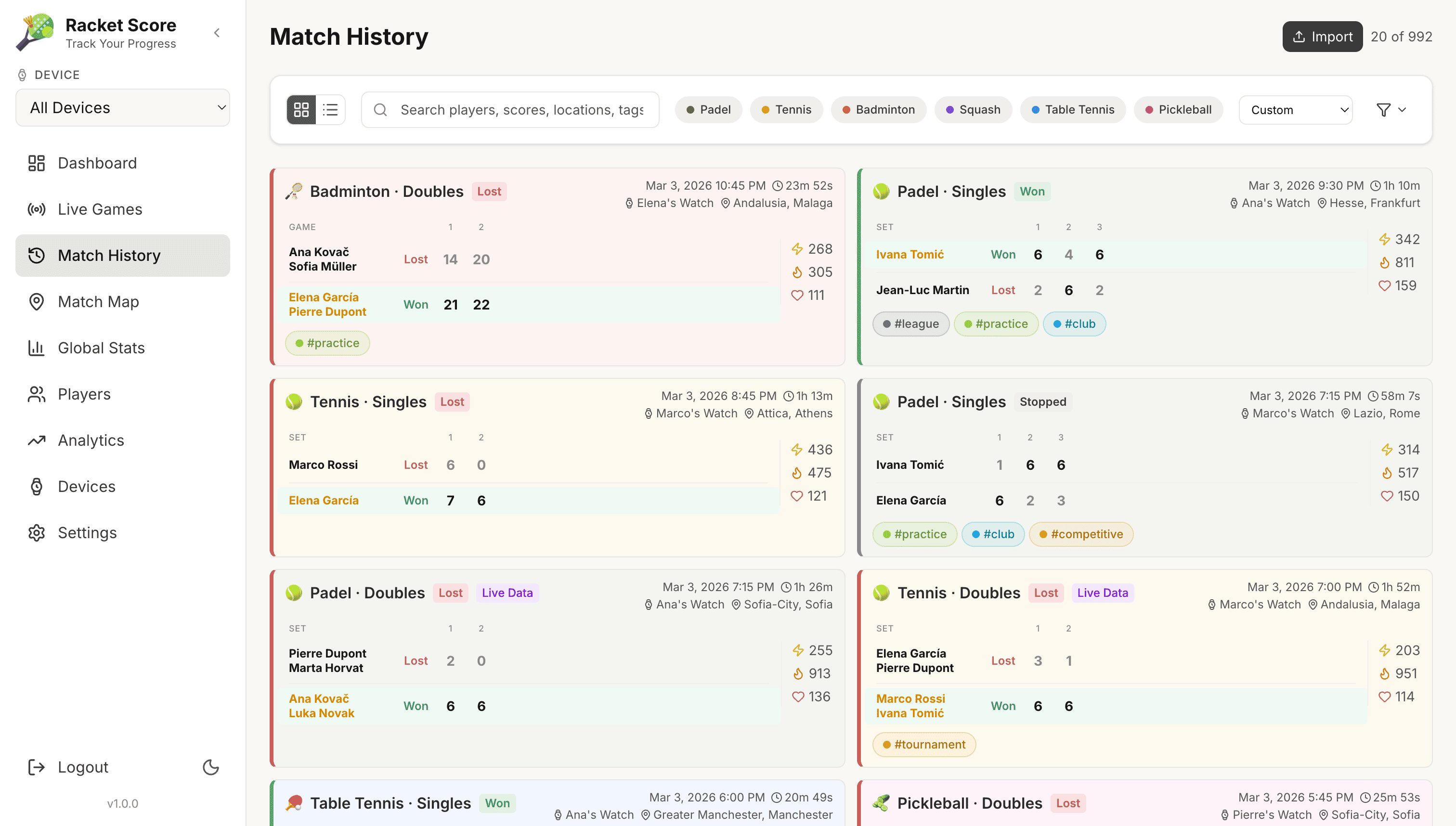 6 Racket Sport Scores w/ Match Analysis · Screenshot 1