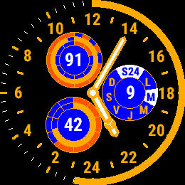 12/24 hour analog w/ secondary dials, seconds, HR Garmin watch face